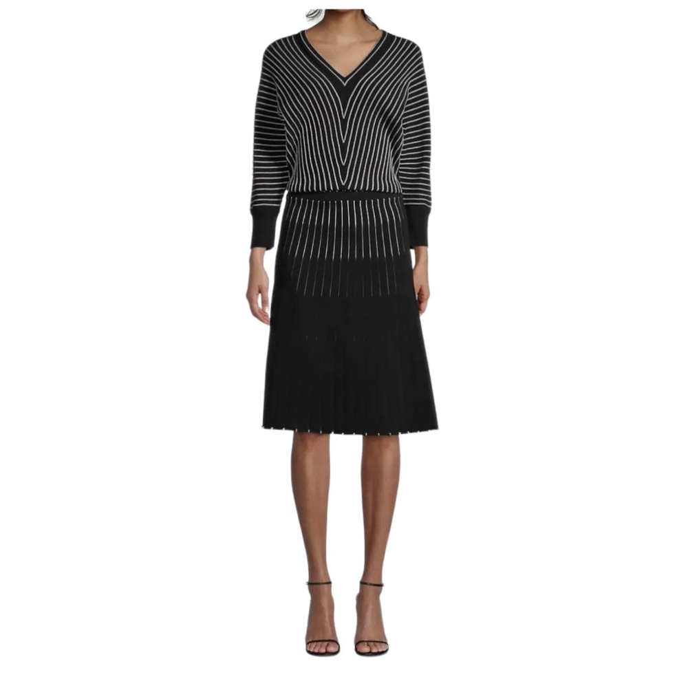 Hugo Boss Black Striped V Neck Sweater Knit  Knee Length Dress SZ XL NWT